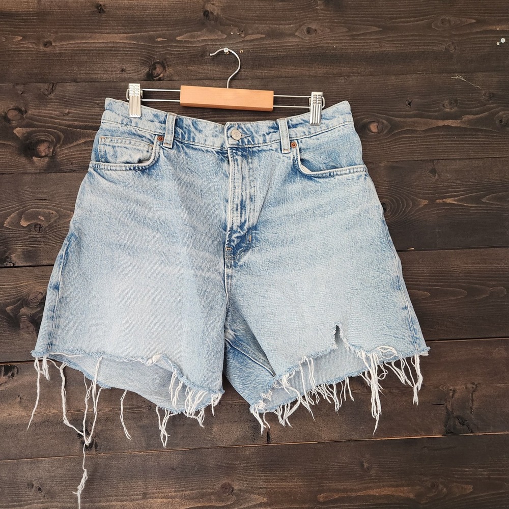 Reformation Saige High Rise Jean Shorts 28 Burnett Light Wash Distressed Denim